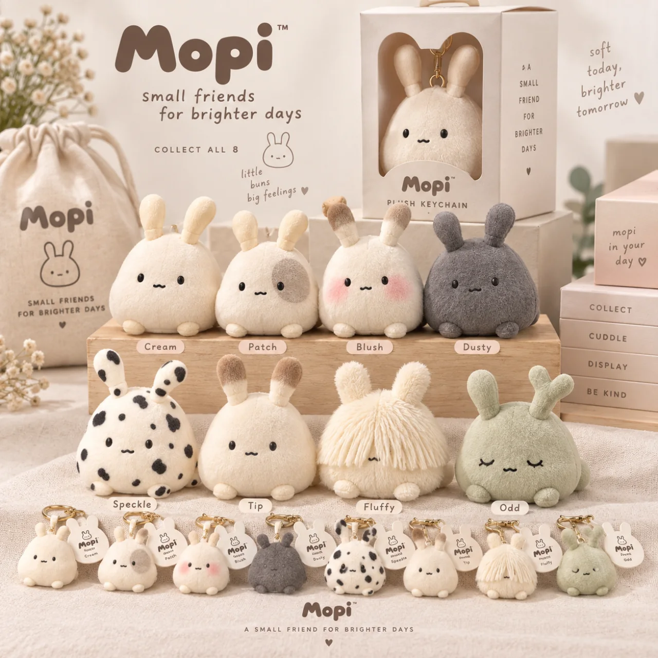 Concept collection of eight Mopi plushies and keyrings