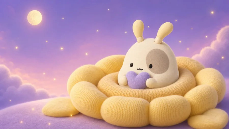Patch Mopi holding a heart on a knitted bed, a downloadable wallpaper
