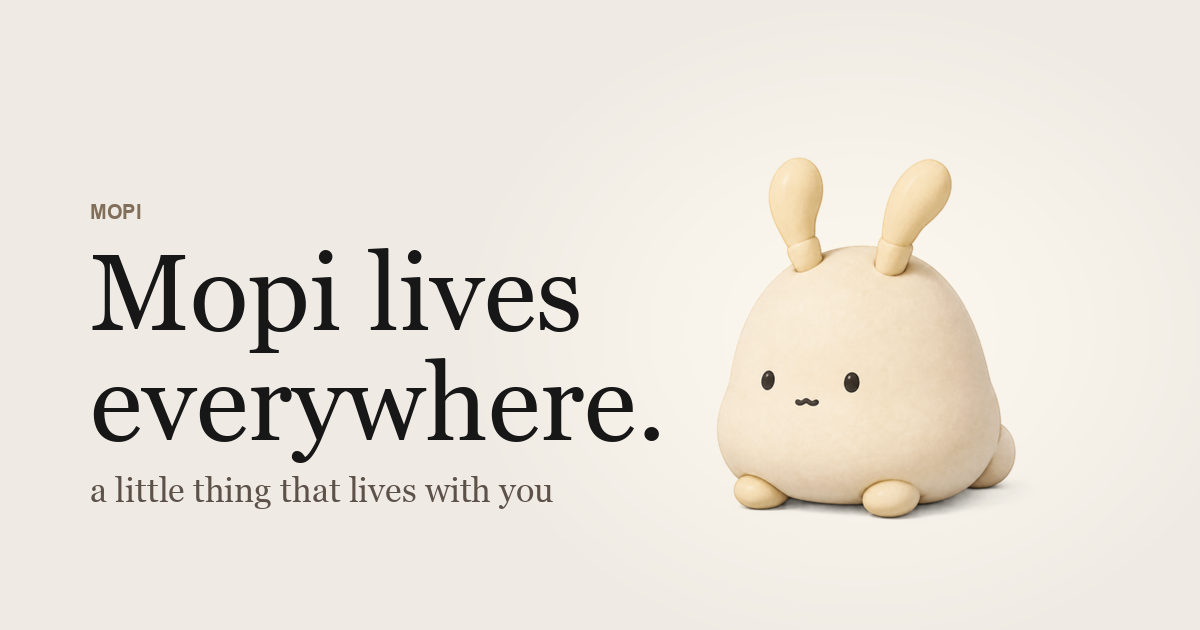 Cream Mopi sitting beside the words Mopi lives everywhere.