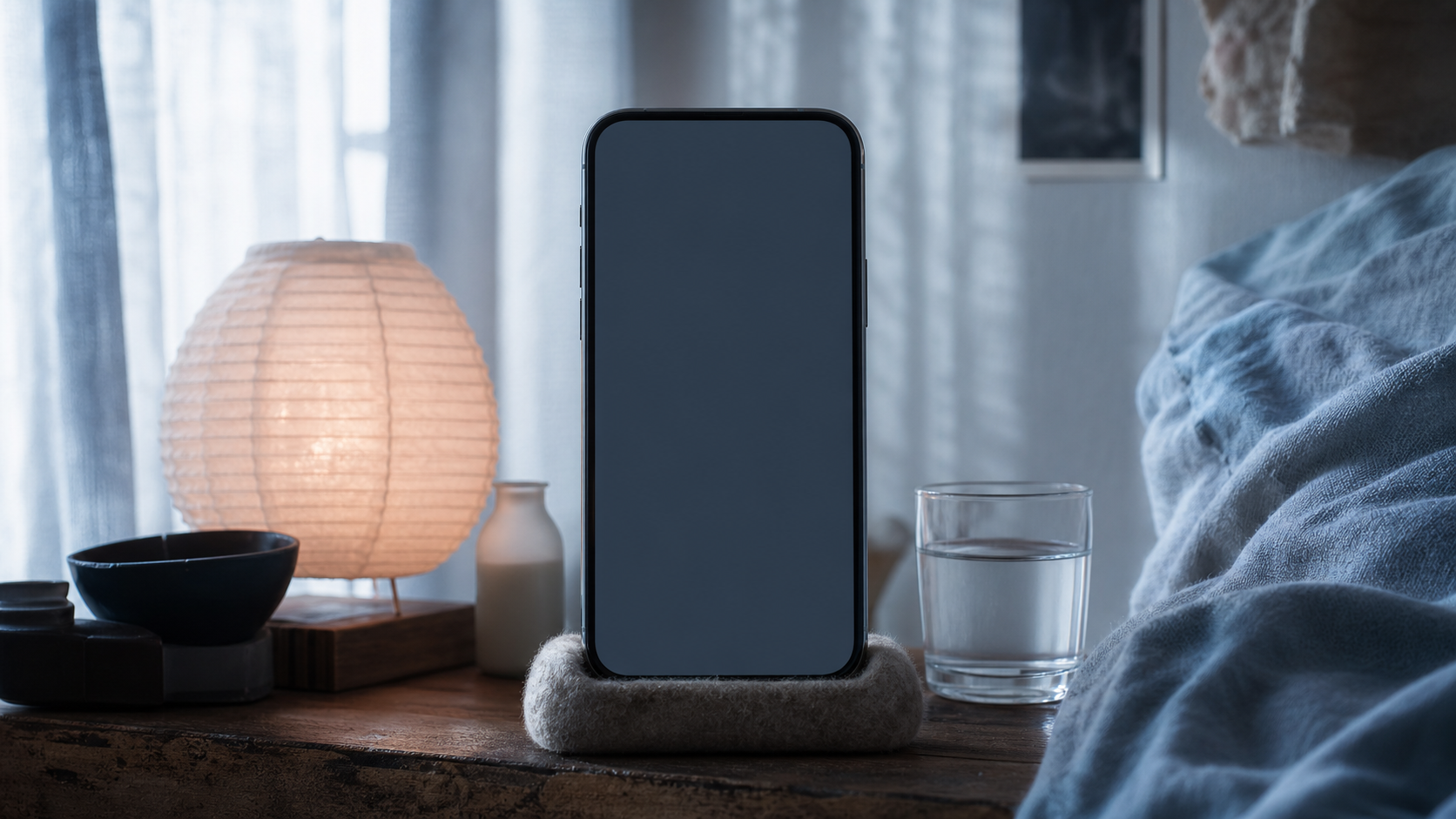 A phone in a wool cradle with Mopi living inside its screen